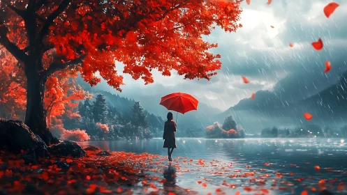 Scarlet umbrella glows beneath stormy lakeside maple rain.