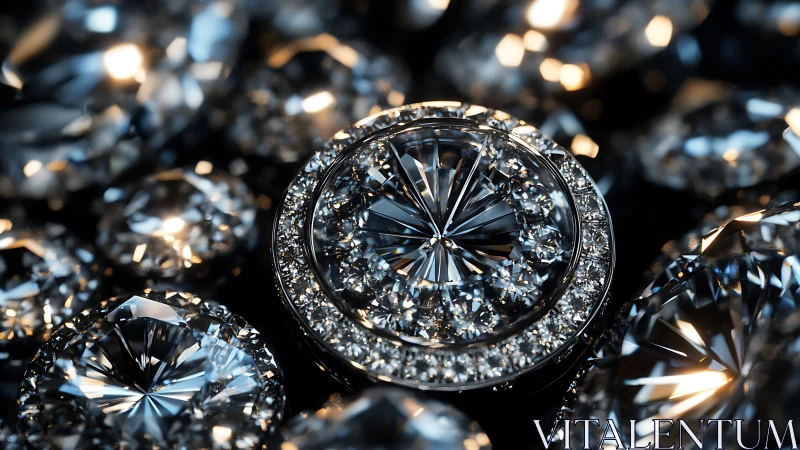 Macro view of round brilliant diamonds in halo cluster.