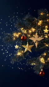 Golden star ornaments glow on midnight Christmas tree branch.
