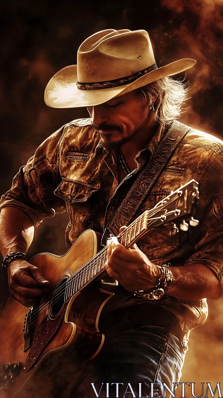 Cowboy musician playing acoustic guitar on warm stage light.