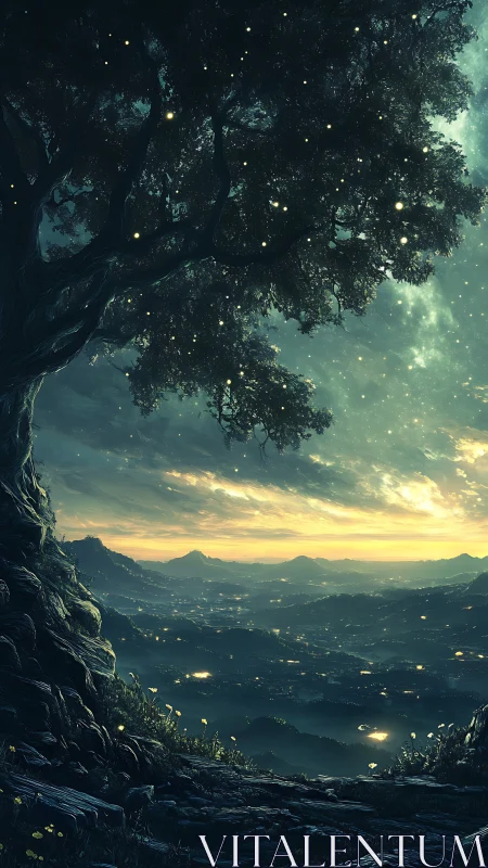Ancient tree watches glowing valley beneath a starlit dawn