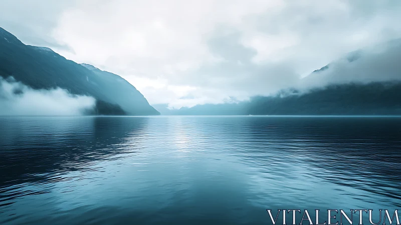 Misty blue fjord with mirrored water and distant mountains.