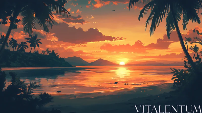 Sunset lagoon glows beneath flaming clouds and shy palms.