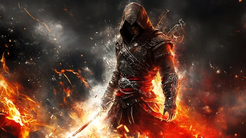 Hooded armored figure with sword amid surrounding flames.