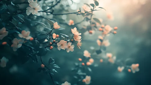 Delicate Blossoms Dance in Misty Garden Light