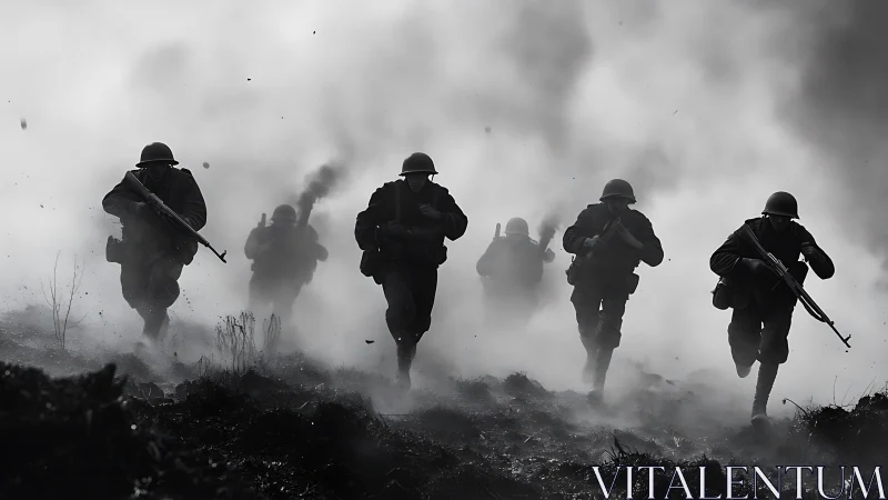 World War infantry charge through dense battlefield smoke.