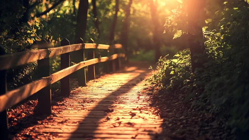 Sunlit Wooden Path Through Forest with Warm Golden Light.