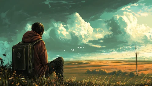 Solitary traveler contemplates vast golden plains at dusk