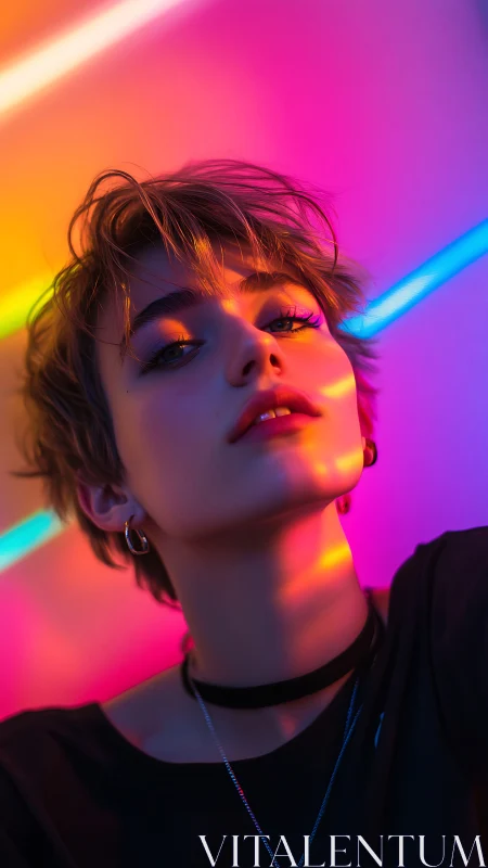 Portrait of youth under vivid neon rainbow light streaks