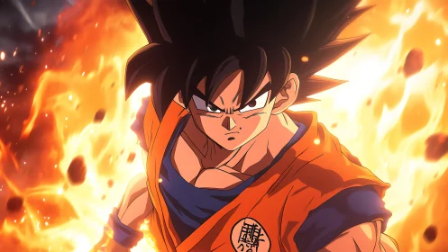Determined anime fighter in orange gi amid rising flames.