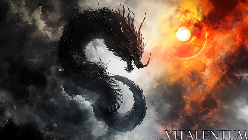 Shadow dragon coils through storm clouds toward burning sun.