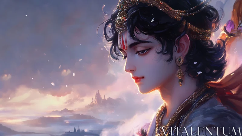 Celestial prince in dusk-lit reverie above misty kingdoms.