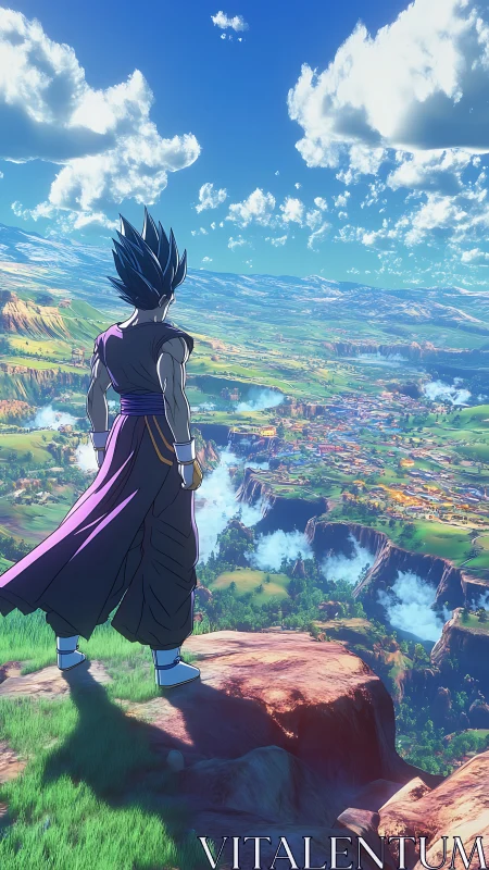 Cel-shaded warrior surveying expansive fractal valleyscape.