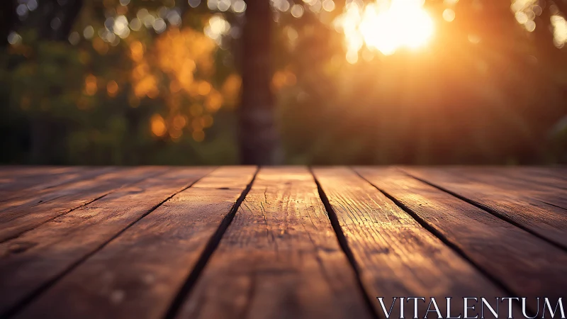 Sunlit wooden deck planks in warm golden hour backlight.