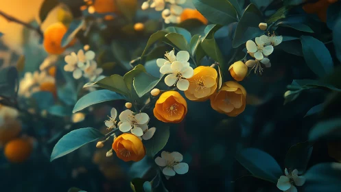 Golden Blooms Dance With Ivory Stars in Twilight Garden