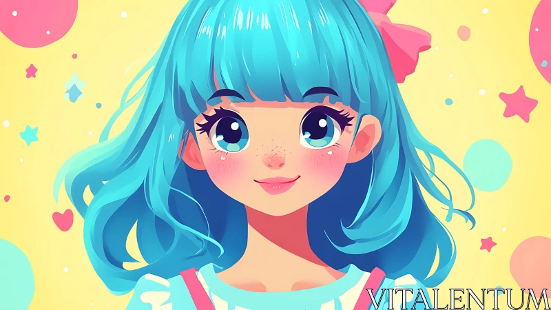 Vibrant teal-haired girl portrait with kawaii pastel shapes.