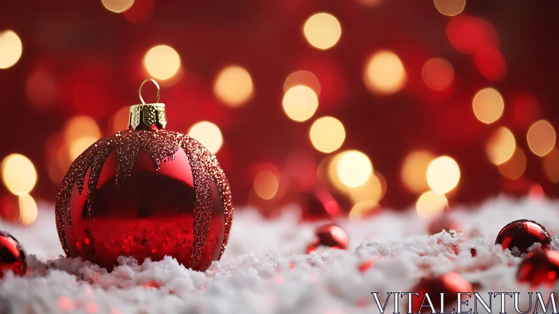 Red ornament rests on artificial snow before blurred lights