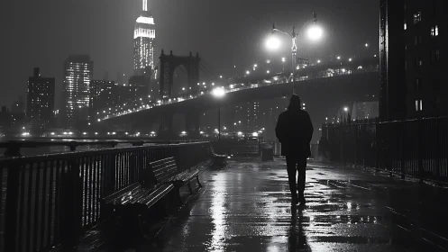 Noir photorealistic cityscape with lone figure and bridge at night.