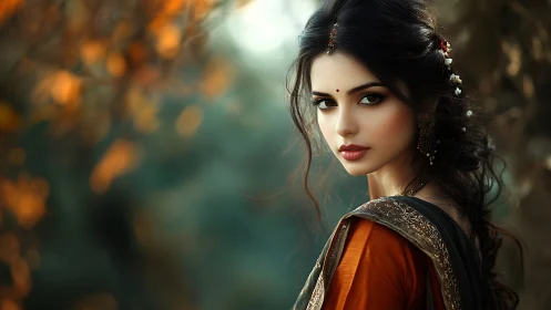 Elegant Indian woman in traditional sari, autumn portrait photography.