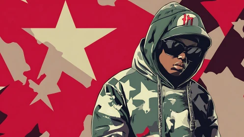 Hooded figure in sunglasses stands before stylized star field