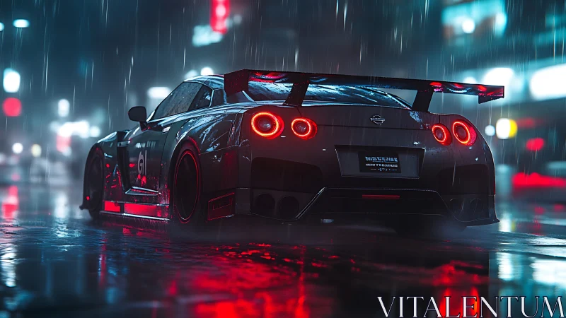 Modified Nissan GT-R parked on wet neon city street at night