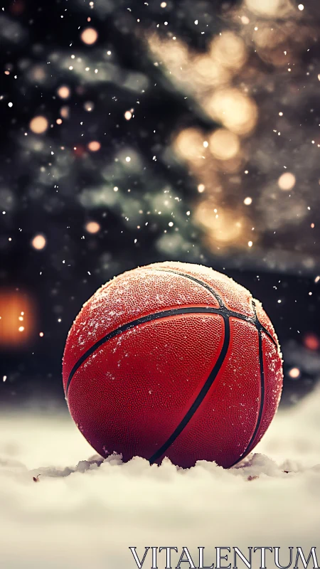 Winter-lit basketball resting in soft snow bokeh field.