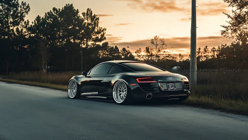 Black Audi R8 coupe parked on rural roadside at sunset.