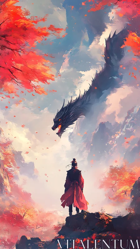 Warrior in red confronts black dragon amid autumn sky.