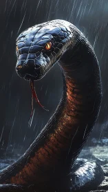 Stormlit serpent rising with molten eyes and silver rain.