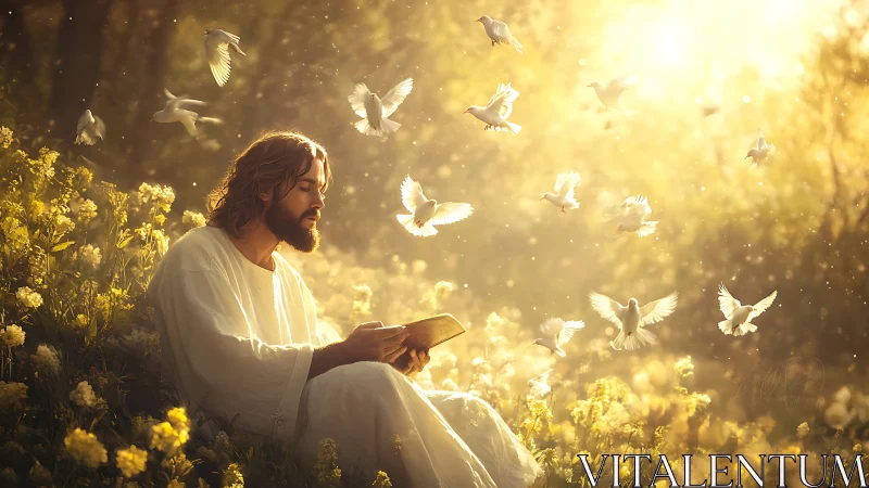 Gentle robed figure reads in golden field of light and doves