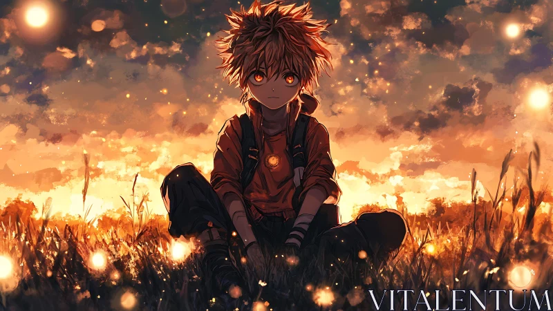 Golden hour anime kid resting in a glowing field at dusk.