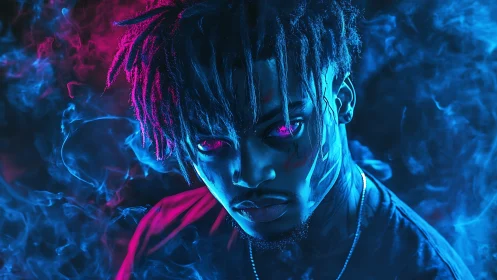 Neon-lit cyber portrait radiates intense, otherworldly energy.