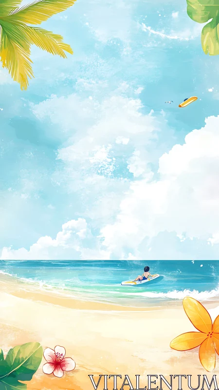 Coastal scene with surfer and tropical vegetation elements.