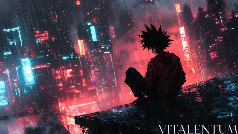 Solitary figure observes neon cityscape under heavy rainfall