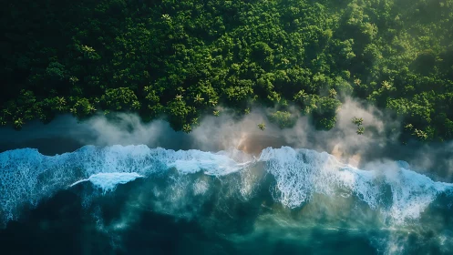 Mist-kissed jungle shoreline where emerald meets tide.