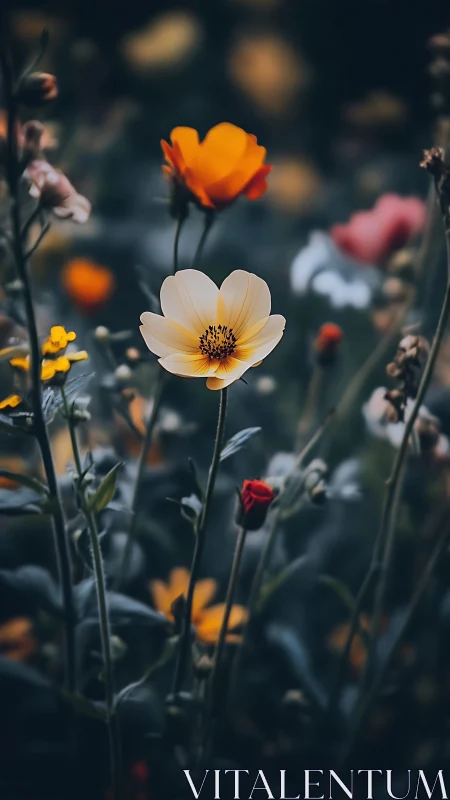 White and Yellow Flower in Garden Setting.