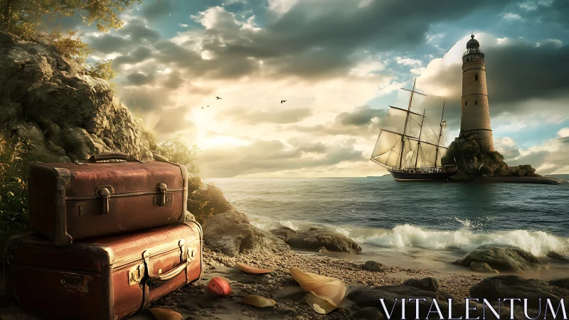 Suitcases wait on a shore where tall ship meets lighthouse.
