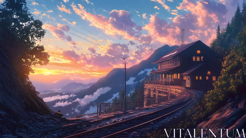 Sunset rail lookout glowing above mist-wrapped mountainscape.