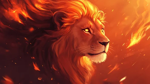 Lion head in stylized fiery environment digital artwork.