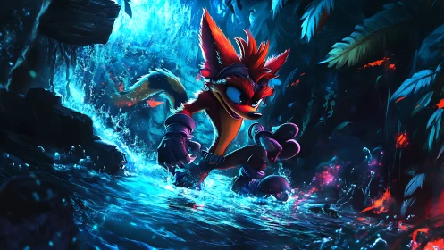 Anthropomorphic fox sprinting through luminous waterfall stream