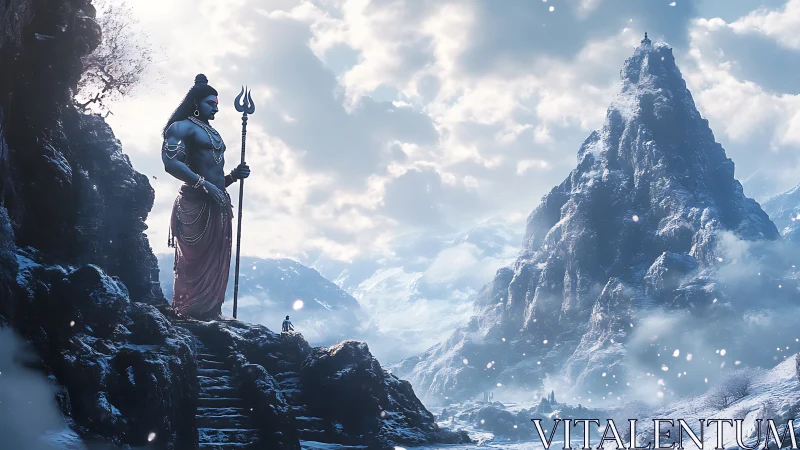 Himalayan deity statue overlooks snowbound mountain valley
