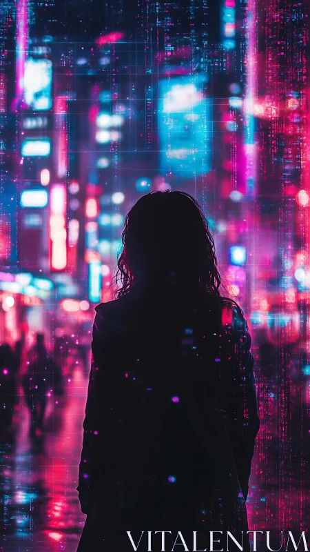 Silhouetted observer in neon-saturated cybernetic streetscape.