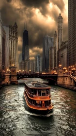 Storm-lit riverboat navigates urban canyon under dramatic clouds