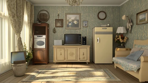 Retro living room scene blends vintage decor and warm light.