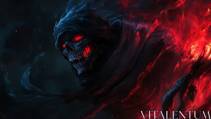 Hooded skeletal wraith emerges from red and black flames