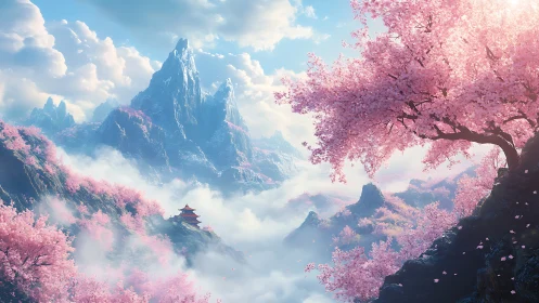 Cherry blossom mountainscape with mist and distant pagoda