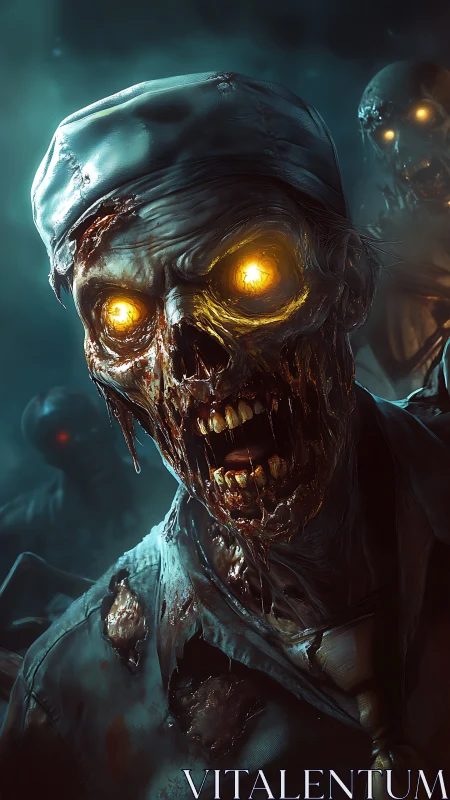 Glowing eyed zombie steps from the mist in eerie detail.