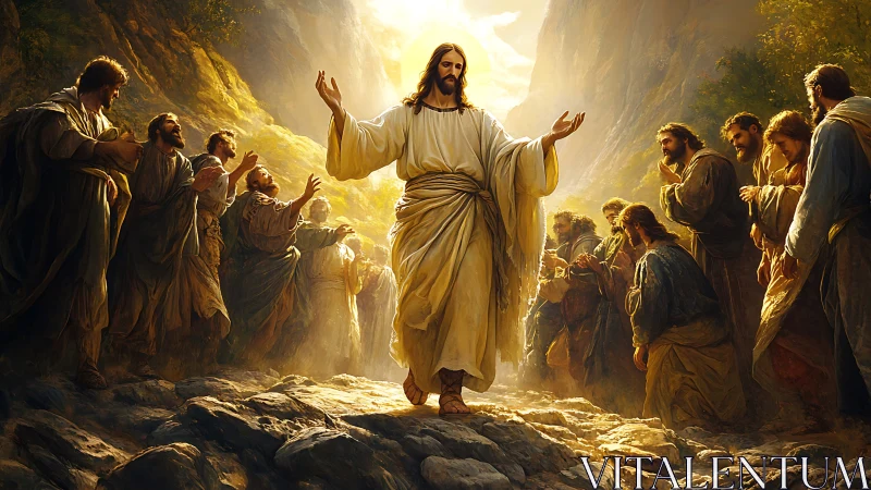 Radiant spiritual leader walking among followers in sunlight.