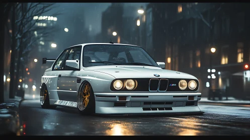 White classic BMW coupe on wet city street at night.