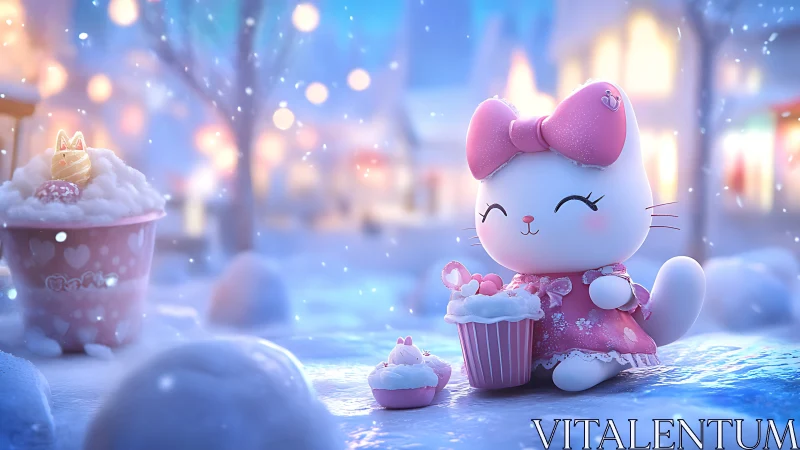 Stylized cat figure holds cupcakes in snowy outdoor scene